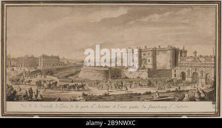 Vue sur la Bastille à Paris, la porte Saint-Antoine et une partie du Faubourg Saint-Antoine Banque D'Images