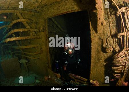 Images sous-marines de plongeurs et de la vie marine en plongée dans certains épaves du navire autour de Saint-Martin, dans les Caraïbes Banque D'Images