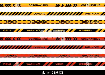 Bandes d'avertissement. Coronavirus alerte rayures sans couture. Panneaux Covid-19. Symbole de danger biologique de quarantaine. Collection de lignes d'avertissement noir, rouge et jaune Illustration de Vecteur