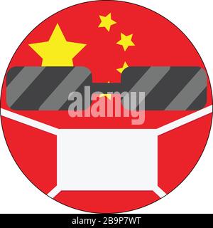 Émotiji malade chinois. Émotiji drapeau chinois portant un masque pour se protéger du corona-virus de Wuhan. Prévention de la pandémie et protection contre le smog. Illustration de Vecteur