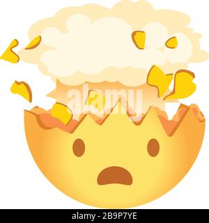 Émoji choqué. Eclater l'émoticône de la tête. Un visage jaune avec une bouche ouverte et le haut de sa tête explosant sous la forme d'un nuage de champignons semblable au cerveau Illustration de Vecteur