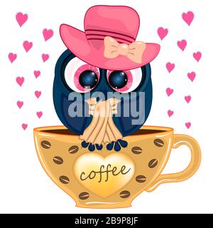 une chouette se trouve sur une tasse de café. illustration vectorielle de dessin animé sur un fond blanc. Illustration de Vecteur