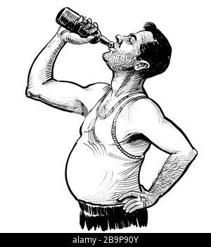 Un alcoolique buvant de la bière de la bouteille. Encre dessin noir et blanc Banque D'Images