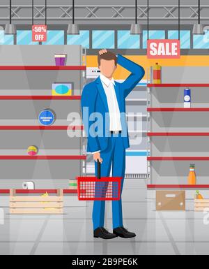 Intérieur du supermarché avec étagères vides. Illustration de Vecteur