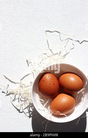 Oeufs colorés bruns dans un bol. Conception de concept de Pâques. Banque D'Images