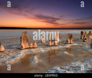 Paysage vieux poteaux en bois dans un lac de sel sur fond de coucher de soleil de ciel rouge Banque D'Images