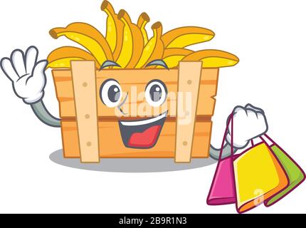 Happy Rich banane boîte de fruits mascotte design waving et tenant le sac de shopping Illustration de Vecteur