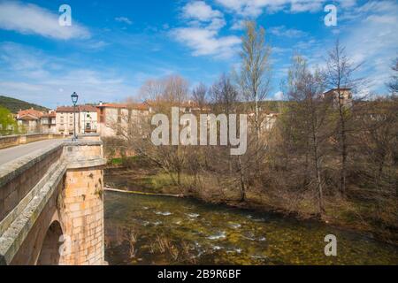 Rivière Arlanza et vue d'ensemble du village. Covarrubias, province de Burgos, Castilla Leon, Espagne. Banque D'Images