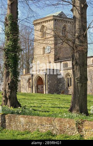 Église du village anglais avec tour avec tapis de fleurs de printemps dans le cimetière Banque D'Images