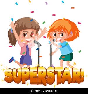 Modèle de conception de police pour mot superstar avec deux filles chantant l'illustration Illustration de Vecteur