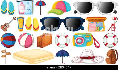 Grand jeu d'objets d'été sur l'illustration d'arrière-plan blanche Illustration de Vecteur