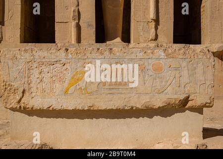 Temple de Hatshepsut à Thèbes Ouest, haute-Égypte.Statues, hiéroglyphes, peintures murales.Une culture à couper le souffle dans l'Égypte ancienne. Banque D'Images