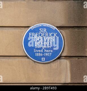 PLAQUE BLEU DE LONDRES PATRIMOINE ANGLAIS SIR FREDERICK TREVES 6 WIMPOLE STREET MARYLEBONE Banque D'Images