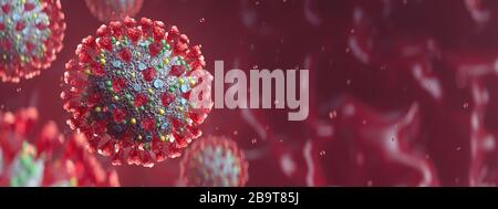 COVID-19 arrière-plan de l'en-tête Coronavirus avec espace de copie. Grippe SARS-CoV-2 cellule virale sous le microscope. rendu tridimensionnel. Banque D'Images