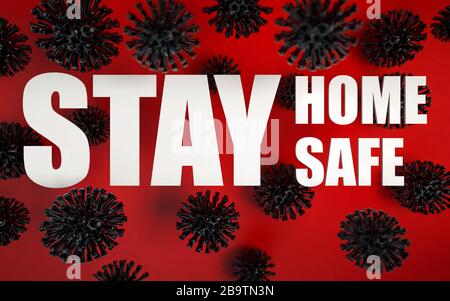Affichage tridimensionnel de l'avertissement de pandème de Coronavirus. Rester à la maison en quarantaine pour arrêter la propagation du coronavirus. Restez en sécurité. Mise en quarantaine automatique. Le virus Corona a causé le Covid Banque D'Images