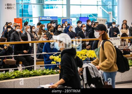 Arrivées à l'aéroport international d'Incheon pendant la pandémie de Coronavirus, Incheon, Corée du Sud Banque D'Images