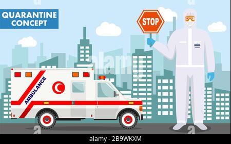 Quarantaine et concept médical. Illustration détaillée du médecin arabe musulman en costume de protection et masque en arrière-plan avec une ambulance d'urgence Illustration de Vecteur