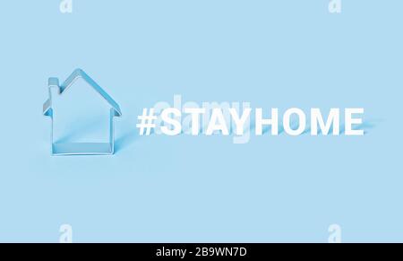 Hashtag RESTER À LA MAISON avec la maison sur fond bleu. Bannière de motivation pour l'auto-isolation pendant la pandémie de covid-19 du coronavirus Banque D'Images
