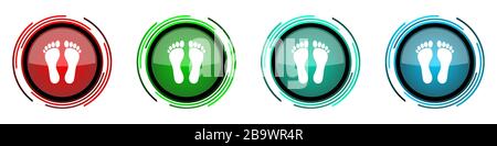 Icônes vectorielles brillantes rondes au pied, ensemble de boutons pour webdesign, Internet et applications de téléphone mobile dans quatre couleurs isolées sur le backgrou blanc Illustration de Vecteur