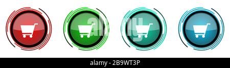 Icônes vectorielles brillantes rondes sur chariot, ensemble de boutons pour webdesign, Internet et applications de téléphone mobile dans quatre options de couleurs isolées sur le backgrou blanc Illustration de Vecteur