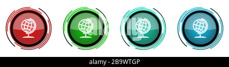 Icônes vectorielles brillantes globe-rond, monde, global, carte, jeu de boutons terre pour webdesign, Internet et applications de téléphone mobile dans quatre options de couleurs Illustration de Vecteur