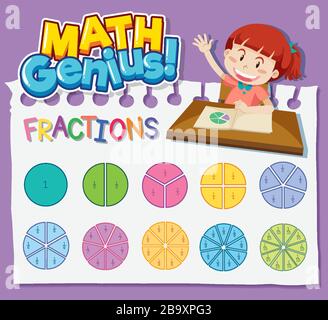 Conception de feuille de calcul pour génie mathématique avec illustration de fille et de fractions Illustration de Vecteur