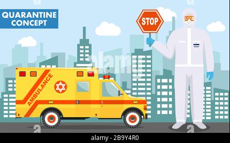 Quarantaine et concept médical. Illustration détaillée du médecin juif en costume de protection et masque en arrière-plan avec une ambulance d'urgence et Illustration de Vecteur