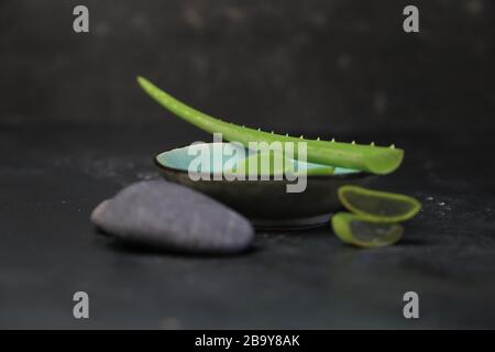 souffleur d'aloe vera frais avec pierres spa sur fond sombre Banque D'Images