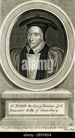 William Juxon (1582 - 1663), le mieux retenu pour avoir offert les derniers rites au roi Charles Ier avant l'exécution du roi en 1649. Avant la guerre civile anglaise, Juxon était seigneur Haut trésorier de l'Angleterre et premier seigneur de l'Amirauté. Lors du rétablissement du roi Charles II en 1660, Juxon est nommé archevêque de Canterbury. Gravure créée en 1700s par George Vertue (1683-1756). Banque D'Images