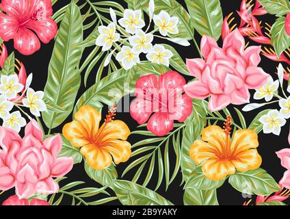 Motif sans couture avec fleurs tropicales et feuilles. Illustration de Vecteur