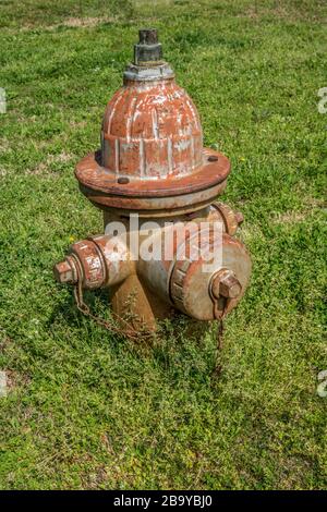 Un ancien poteau incendie recouvert de rouille peinte est toujours utilisé avec les mauvaises herbes et les hautes herbes entourant la base dans un parc rural à l'extérieur, par une journée ensoleillée Banque D'Images