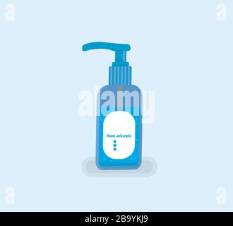 Flacon en plastique avec distributeur de solution désinfectante - hygiène des mains sur une icône à fond vectoriel bleu plat Illustration de Vecteur