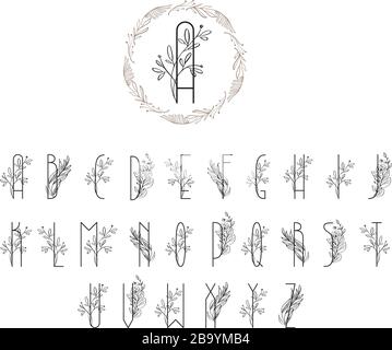 Logo en forme de fleur d'été ou de printemps. Logo en majuscule fleuri vintage. Modèle d'invitation de mariage, lettres élégantes avec branche d'arbre Illustration de Vecteur