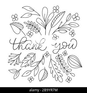 Motif vectoriel sur un fond blanc de fleurs, de feuilles et de mots - merci. Pour la conception de cartes postales, félicitations, couvre sur les téléphones et Illustration de Vecteur