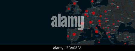Bannière Web horizontale pandémique du coronavirus avec des points rouges pics de l'épidémie dans les pays sur la carte mondiale noire. Concept de virus Covid 19. Banque D'Images