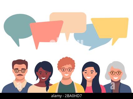 Les gens avatars avec des bulles de spaces. Communication entre hommes et femmes, lacustre de discussion. Collègues, équipe, réflexion, question, idée, réfléchir au concept. Illustration de Vecteur