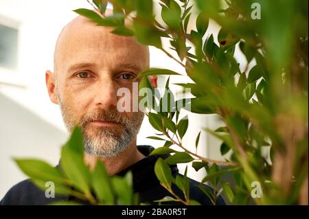 Artiste musical, producteur et militant pour les droits des animaux, Moby dans son restaurant Little Pine à Los Angeles, Californie. Banque D'Images