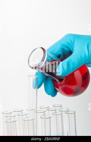 Recherche médicale et chimique en laboratoire. Transfusion d'un liquide chimique à partir d'une fiole dans un tube à essai Banque D'Images