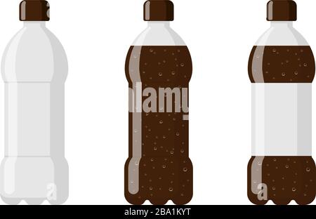 Kit de bouteilles en plastique vide avec boisson soda brune et étiquette. Boisson gazéifiée avec bulles dans l'illustration vectorielle isolée plate de tare Illustration de Vecteur