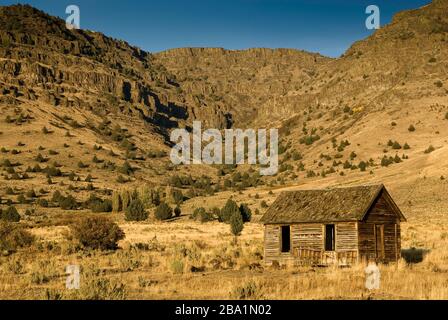 Old shack dans la vallée de Catlow avec Catlow Rim Steens Mountain Wilderness à distance à Roaring Springs Ranch, Oregon, États-Unis Banque D'Images