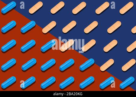 Motif sans couture avec pilules bleues et orange sur fond rouge et bleu. Médecine santé pharmacie pharmacologie concept. Banque D'Images