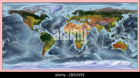 Carte mondiale de secours des continents et des océans. Les couleurs montrent également la végétation des continents et des pays. Projection: WGS 84. Banque D'Images