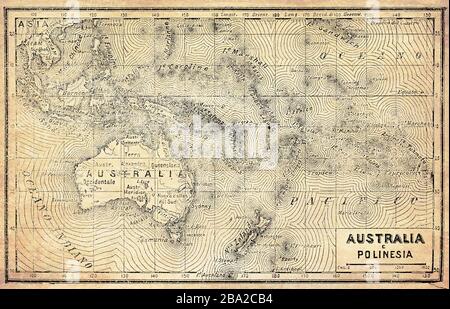 Carte ancienne de l'Australie, de la Polynésie et de la Nouvelle-Zélande avec des noms et des descriptions italiens Banque D'Images