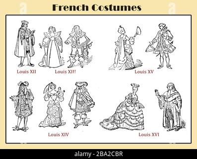 Costumes de cour français des Louis XII, Louis XIII, Louis XIV et Louis XVI, tableau du lexique illustré Banque D'Images