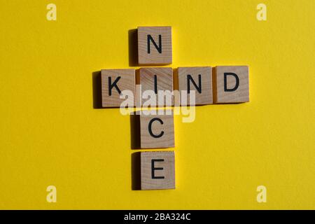 Joli, gentil, en trois lettres de l'alphabet en bois en forme de mot en croix sur fond jaune Banque D'Images