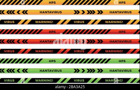 Bandes d'avertissement. Hantavirus HPS avertissement bandes transparentes. Signes de coronavirus Covid-19. Symbole de danger biologique de quarantaine. Collection de lignes d'avertissement noir, rouge, Illustration de Vecteur