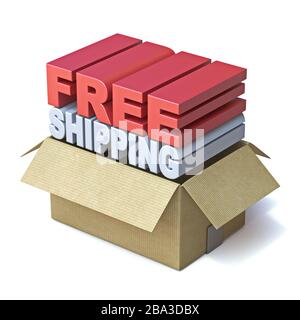 Texte LIVRAISON GRATUITE dans une boîte en carton 3-D illustration de rendu isolée sur fond blanc Banque D'Images