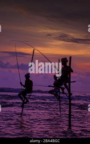 Silhouettes des pêcheurs traditionnels Sri-lankais au coucher du soleil à Koggala, Sri Lanka Banque D'Images