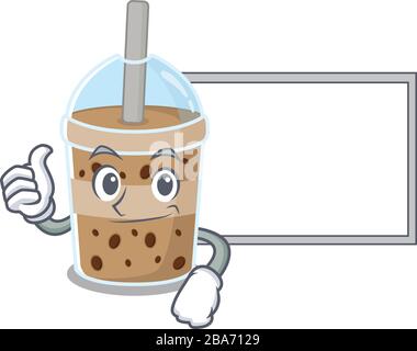 Mignon chocolat bulle thé dessin animé personnage Thumbs up apporter un tableau blanc Illustration de Vecteur