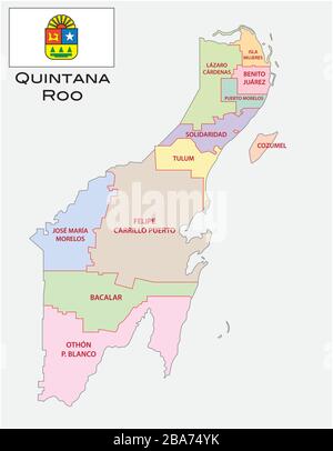 Quintana Roo, carte vectorielle administrative et politique avec drapeau, mexique Illustration de Vecteur